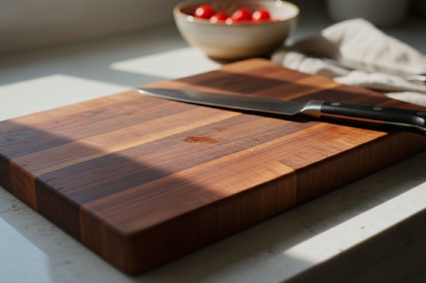 Тяжелая деревянная доска устойчива, не тупит лезвия и является украшен