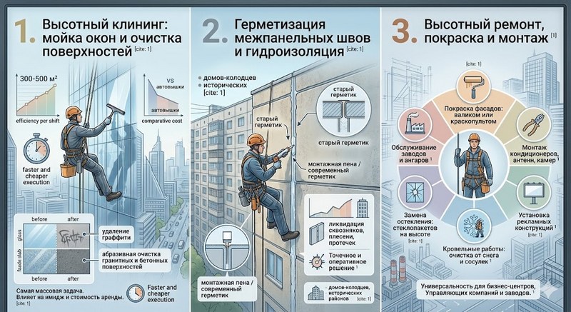 3 главных задач — мойка фасадов, герметизация швов, высотный ремонт.